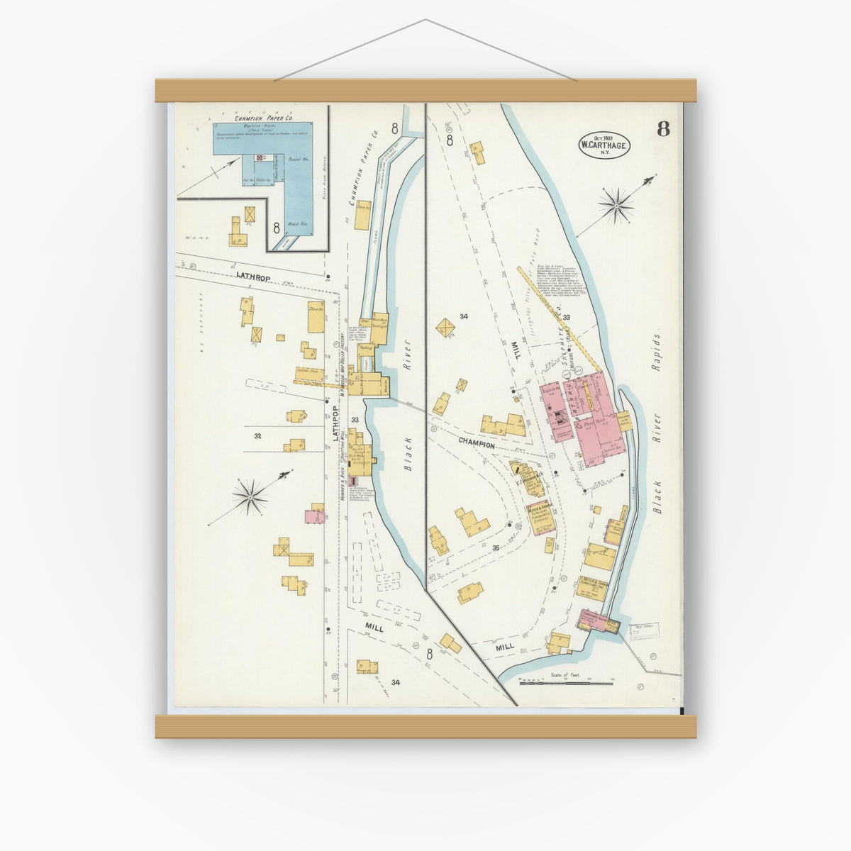 Old map wall art mockup — magnetic wood frame on white wall — Sanborn Fire Insurance Map from Carthage, Jefferson County, New York (1902), Sheet #0008