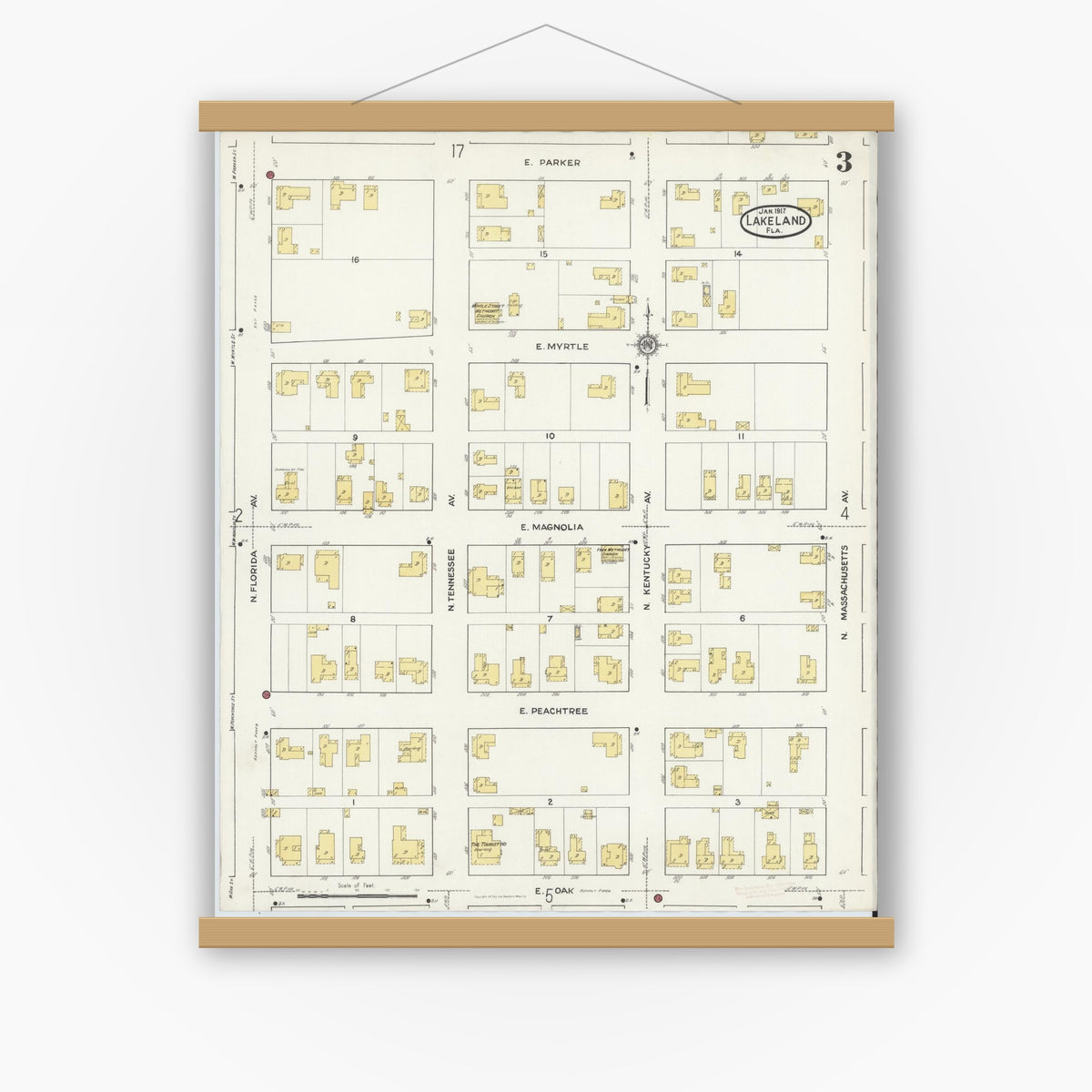 Old map wall art mockup — magnetic wood frame on white wall — Sanborn Fire Insurance Map from Lakeland, Polk County, Florida (1917), Sheet #0003