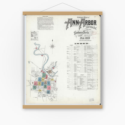 Old map wall art mockup — magnetic wood frame on white wall — Sanborn Fire Insurance Map from Ann Arbor, Washtenaw County, Michigan (1899) - Complete Map Set