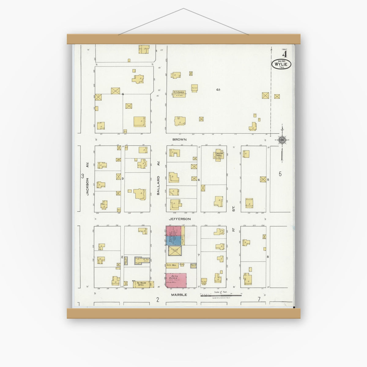Old map wall art mockup — magnetic wood frame on white wall — Sanborn Fire Insurance Map from Wylie, Collin County, Texas (1921), Sheet #0004