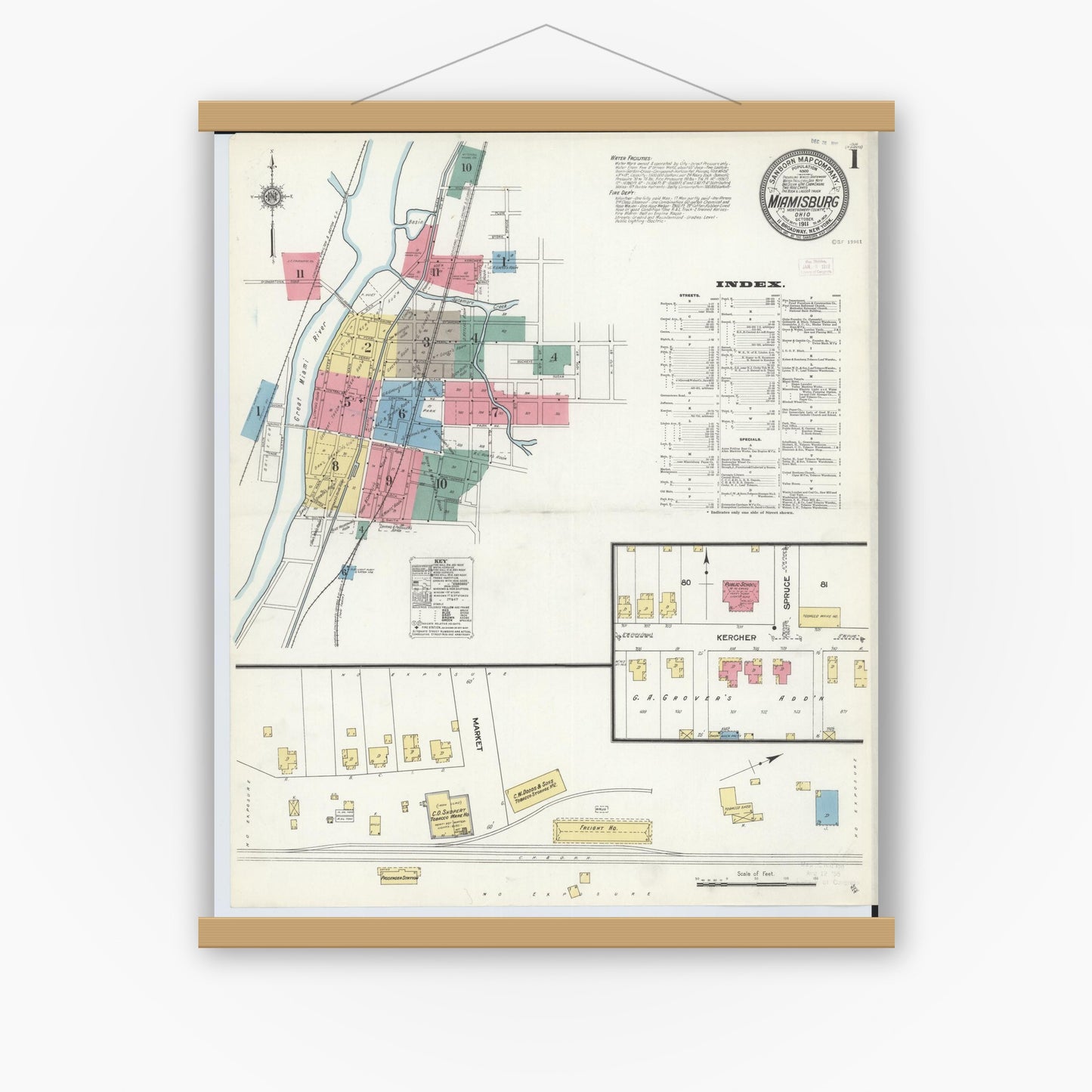 Old map wall art mockup — magnetic wood frame on white wall — Sanborn Fire Insurance Map from Miamisburg, Montgomery County, Ohio (1911), Sheet #0001