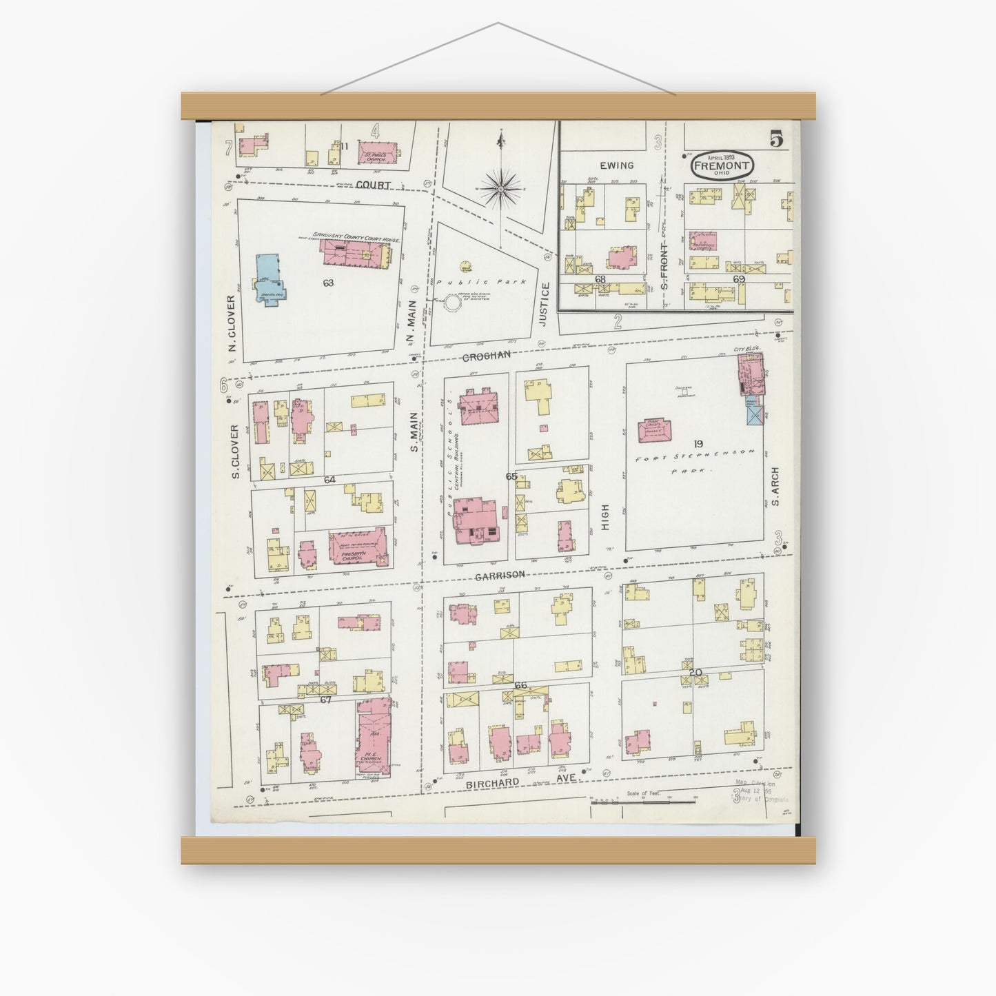 Old map wall art mockup — magnetic wood frame on white wall — Sanborn Fire Insurance Map from Fremont, Sandusky County, Ohio (1893), Sheet #0005