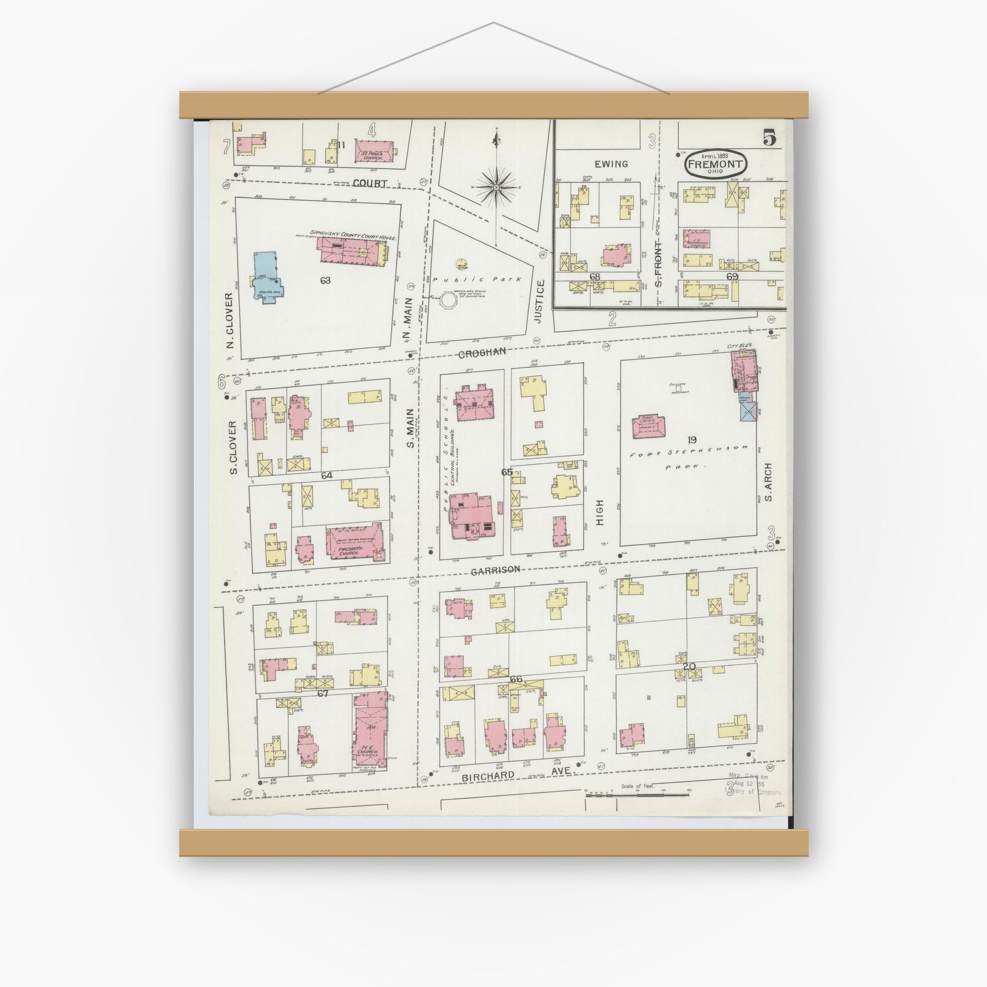 Old map wall art mockup — magnetic wood frame on white wall — Sanborn Fire Insurance Map from Fremont, Sandusky County, Ohio (1893), Sheet #0005