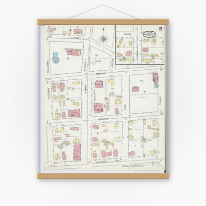 Old map wall art mockup — magnetic wood frame on white wall — Sanborn Fire Insurance Map from Fremont, Sandusky County, Ohio (1893), Sheet #0005