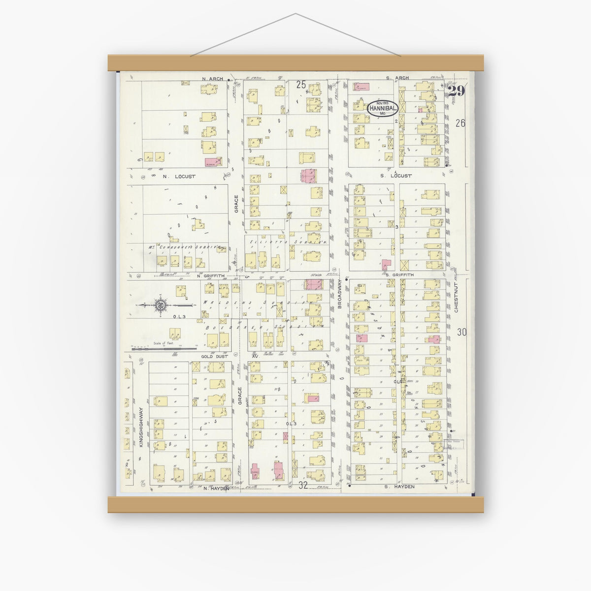 Old map wall art mockup — magnetic wood frame on white wall — Sanborn Fire Insurance Map from Hannibal, Marion County, Missouri (1913), Sheet #0029