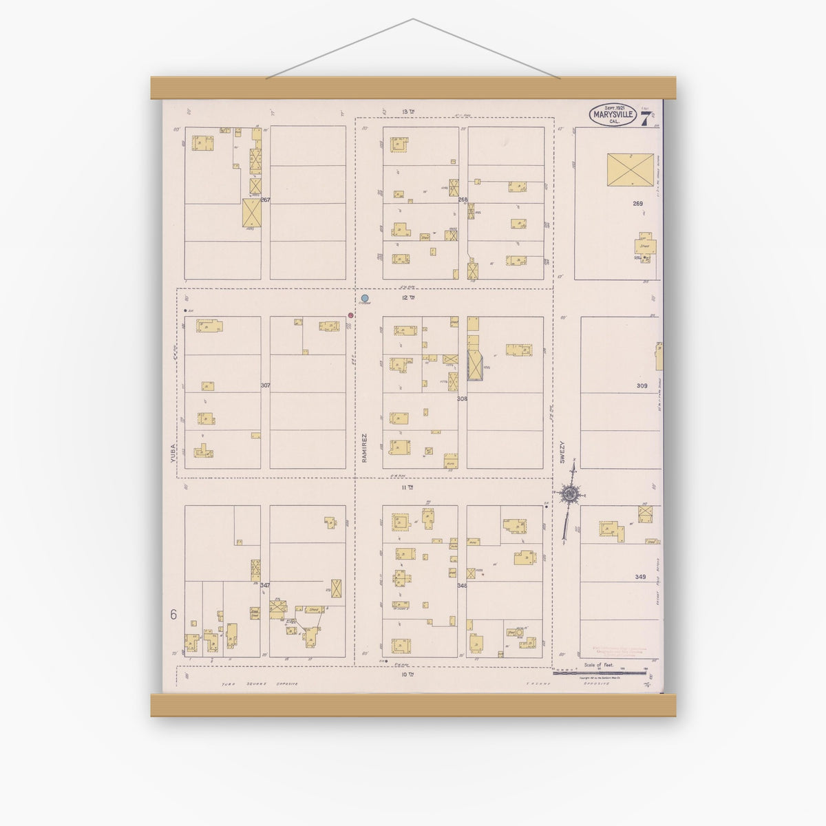 Old map wall art mockup — magnetic wood frame on white wall — Sanborn Fire Insurance Map from Marysville, Yuba County, California (1921), Sheet #0007