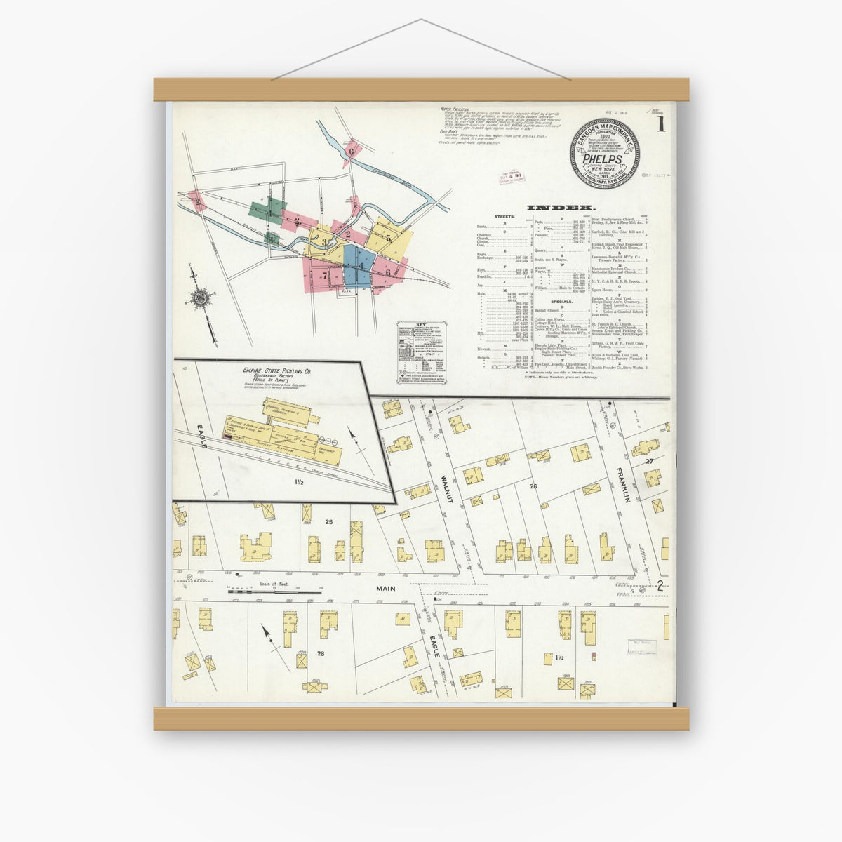 Old map wall art mockup — magnetic wood frame on white wall — Sanborn Fire Insurance Map from Phelps, Ontario County, New York (1911) - Complete Map Set
