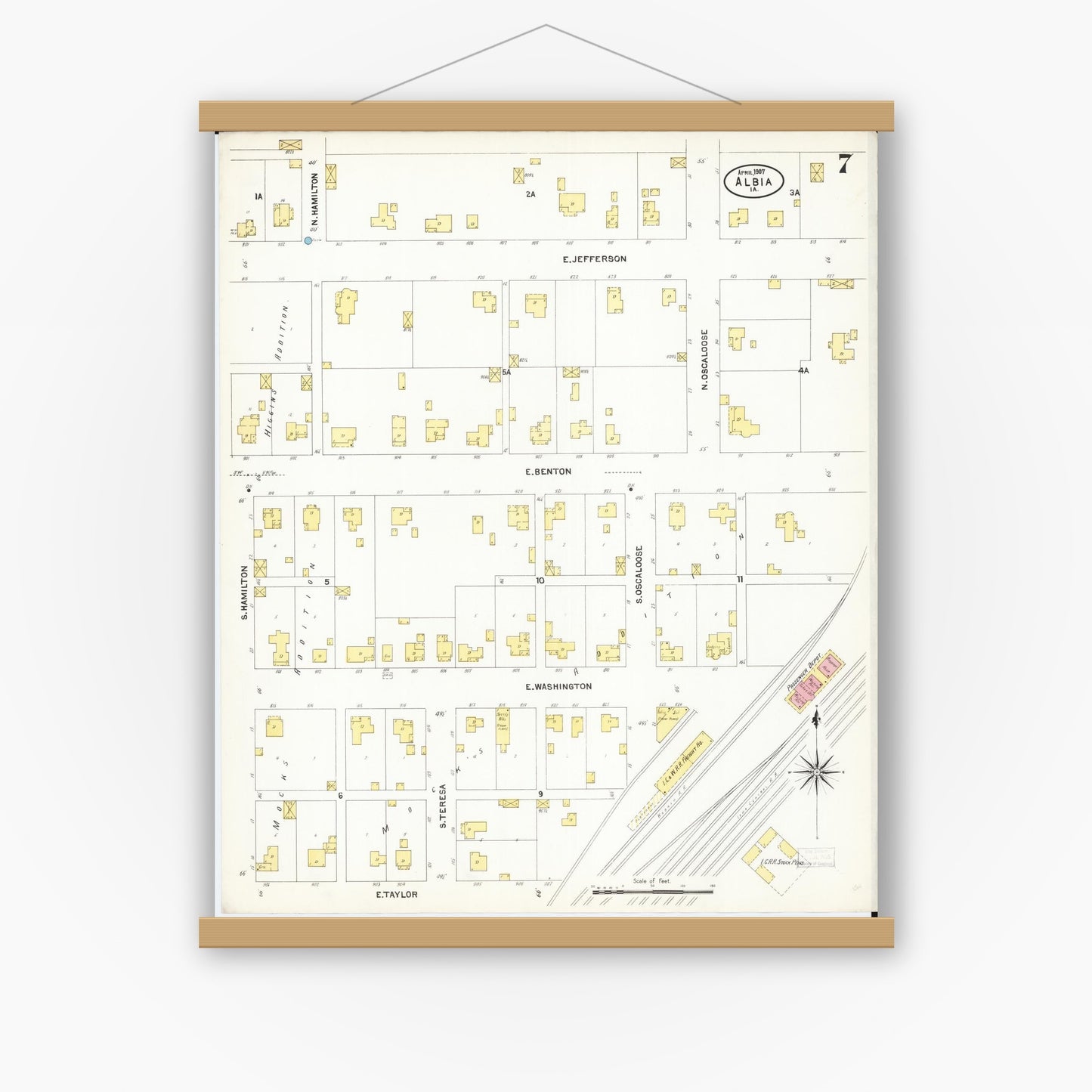 Old map wall art mockup — magnetic wood frame on white wall — Sanborn Fire Insurance Map from Albia, Monroe County, Iowa (1907), Sheet #0007