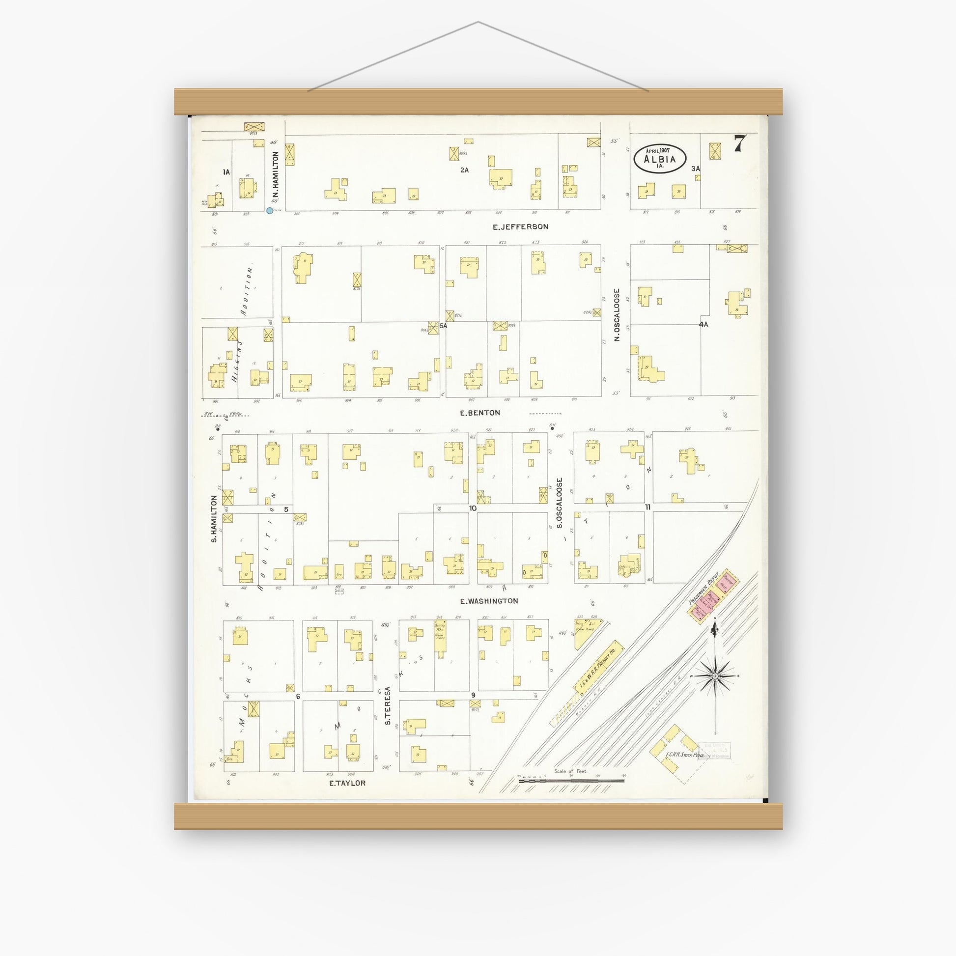 Old map wall art mockup — magnetic wood frame on white wall — Sanborn Fire Insurance Map from Albia, Monroe County, Iowa (1907), Sheet #0007
