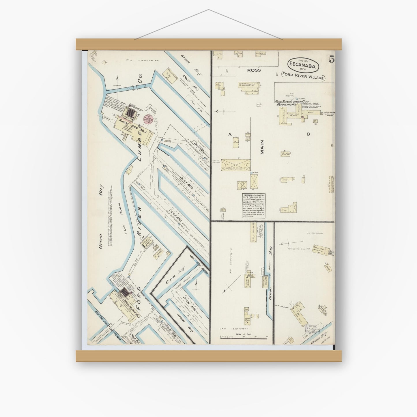 Old map wall art mockup — magnetic wood frame on white wall — Sanborn Fire Insurance Map from Escanaba, Delta County, Michigan (1884), Sheet #0005