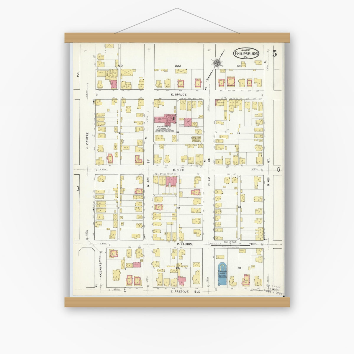 Old map wall art mockup — magnetic wood frame on white wall — Sanborn Fire Insurance Map from Philipsburg, Centre County, Pennsylvania (1917), Sheet #0005