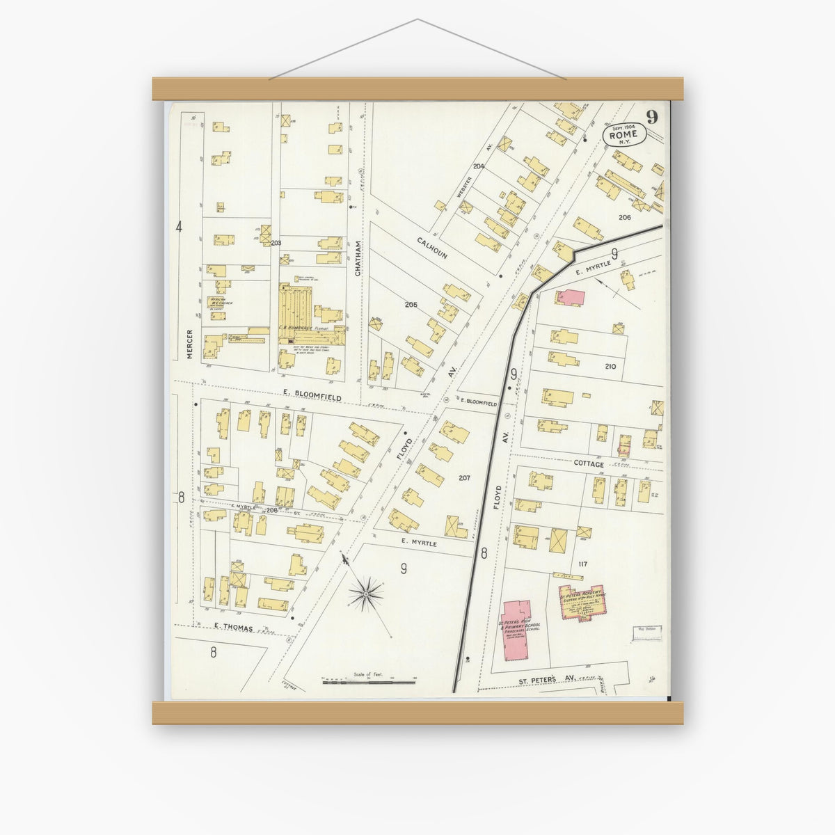 Old map wall art mockup — magnetic wood frame on white wall — Sanborn Fire Insurance Map from Rome, Oneida County, New York (1904), Sheet #0009