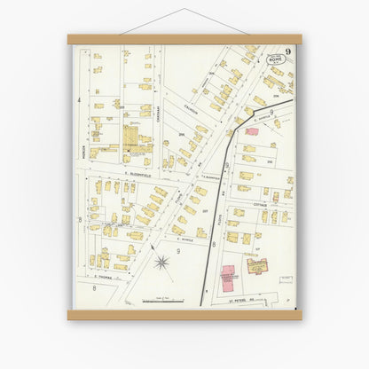 Old map wall art mockup — magnetic wood frame on white wall — Sanborn Fire Insurance Map from Rome, Oneida County, New York (1904), Sheet #0009