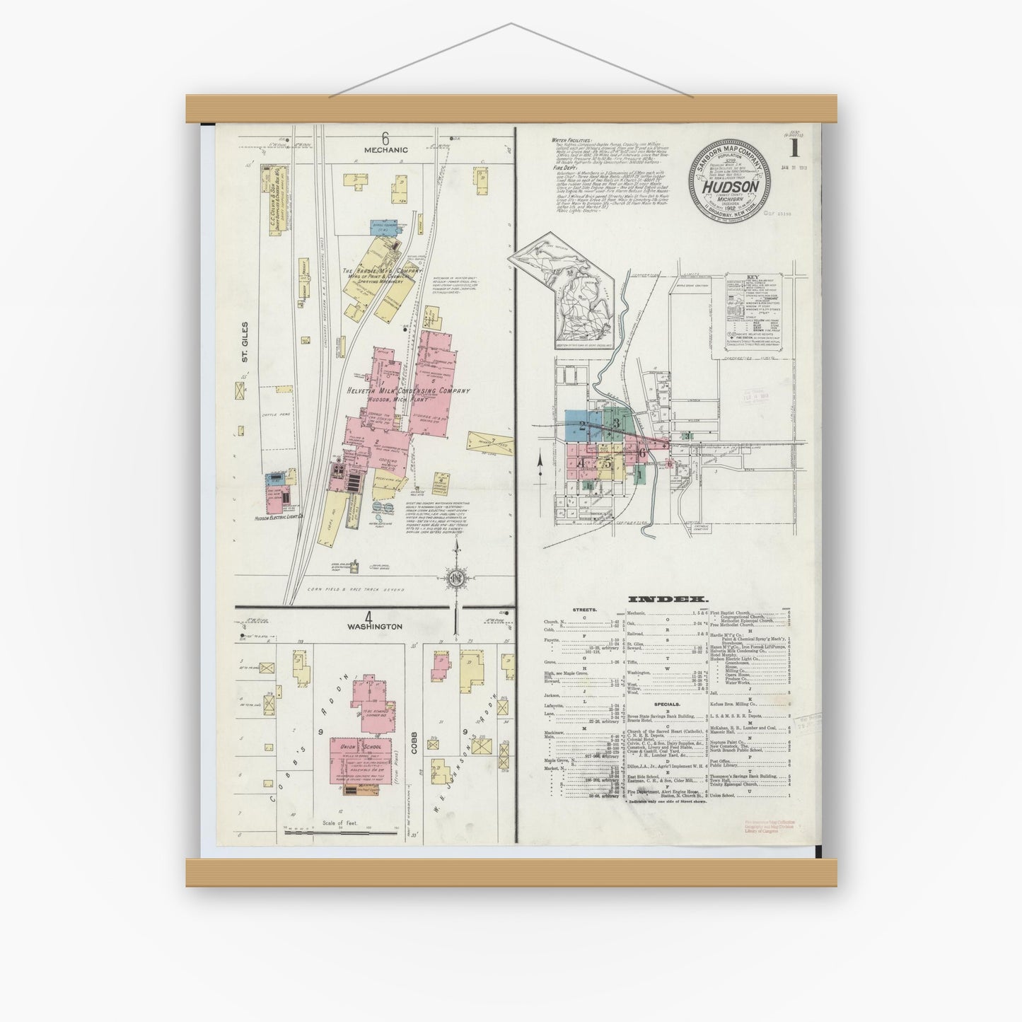 Old map wall art mockup — magnetic wood frame on white wall — Sanborn Fire Insurance Map from Hudson, Lenawee County, Michigan (1912) - Complete Map Set