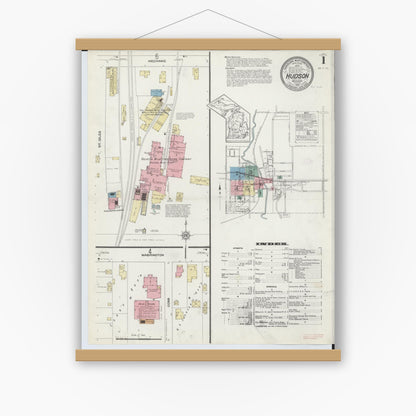 Old map wall art mockup — magnetic wood frame on white wall — Sanborn Fire Insurance Map from Hudson, Lenawee County, Michigan (1912) - Complete Map Set
