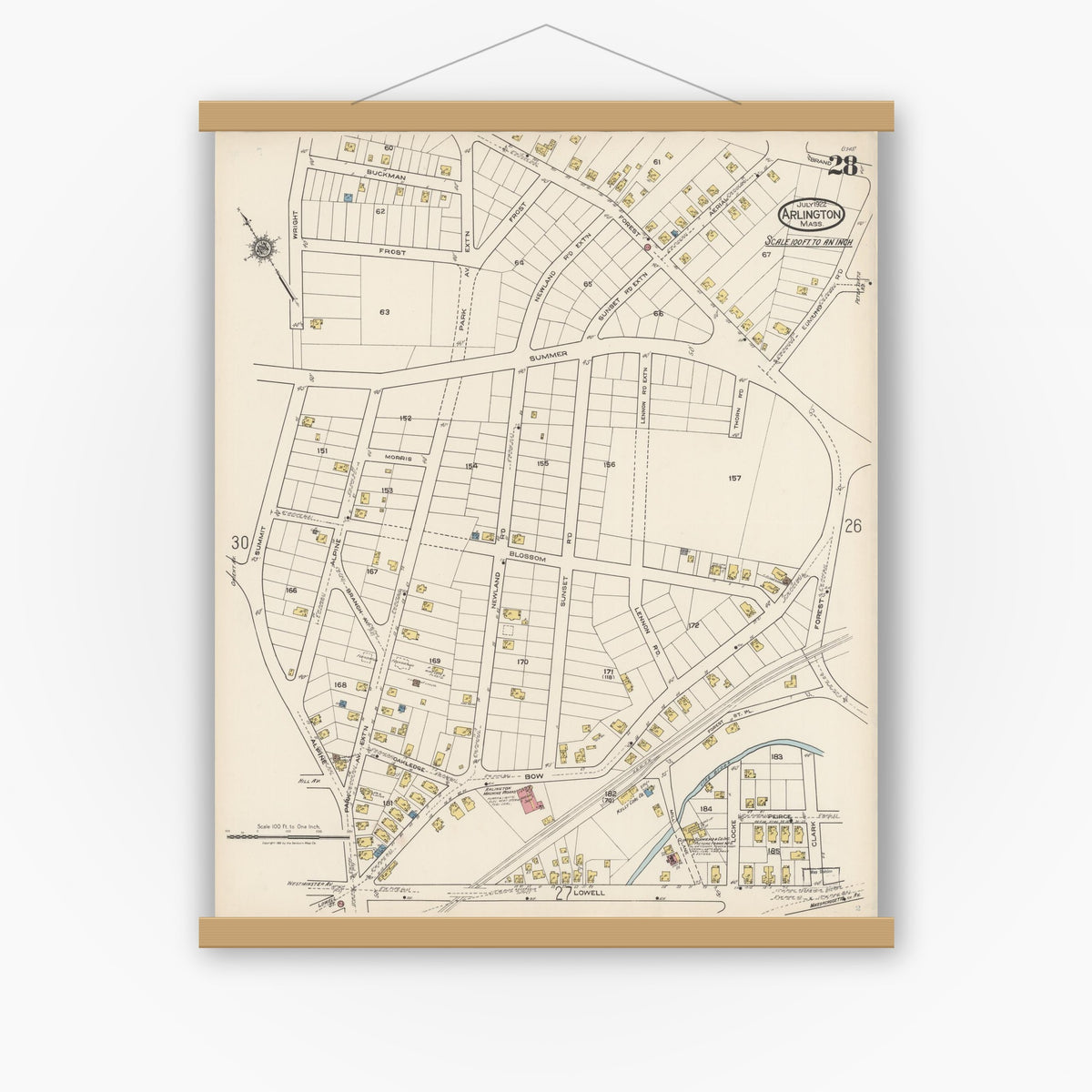 Old map wall art mockup — magnetic wood frame on white wall — Sanborn Fire Insurance Map from Arlington, Middlesex County, Massachusetts (1922), Sheet #0028