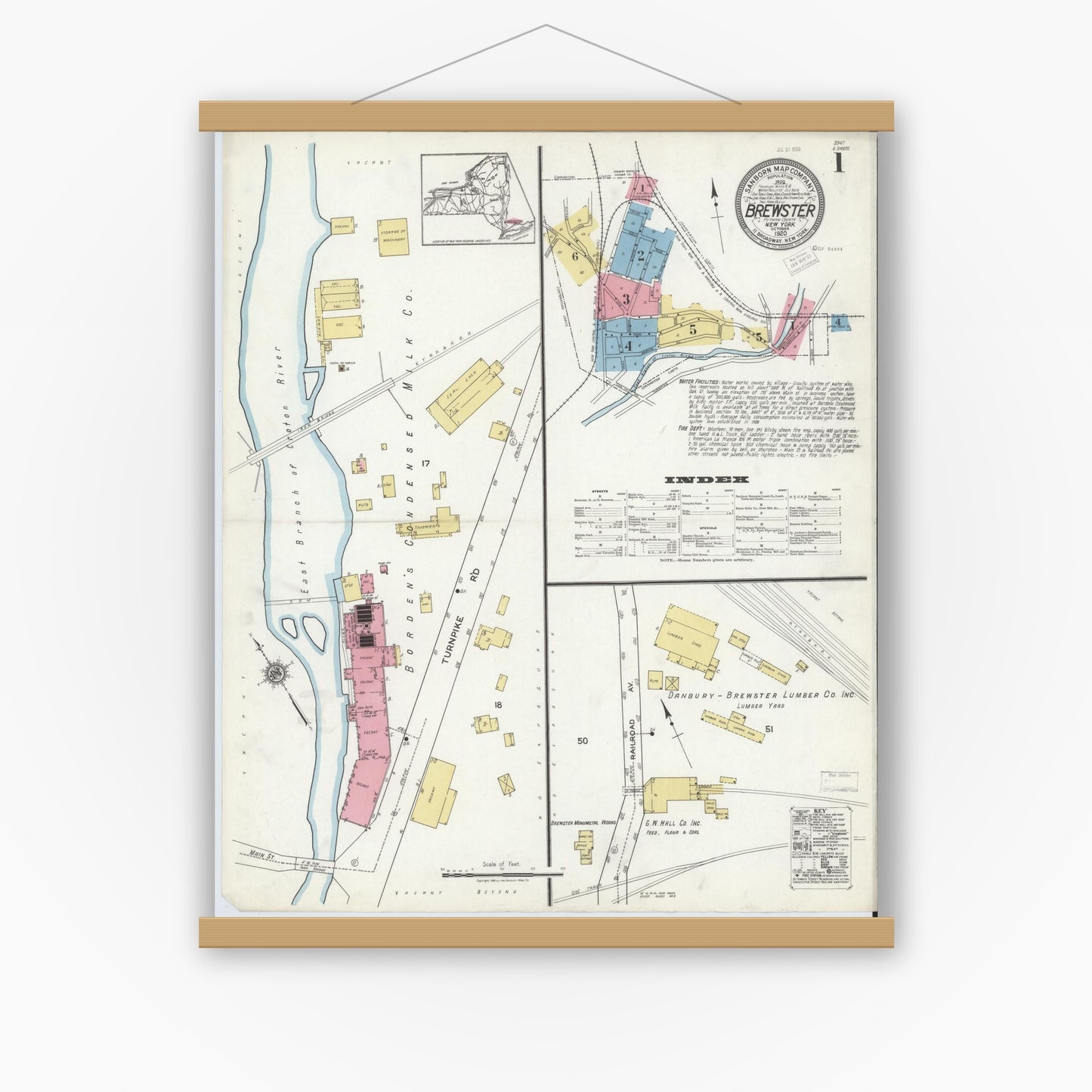 Old map wall art mockup — magnetic wood frame on white wall — Sanborn Fire Insurance Map from Brewster, Putnam County, New York (1920) - Complete Map Set