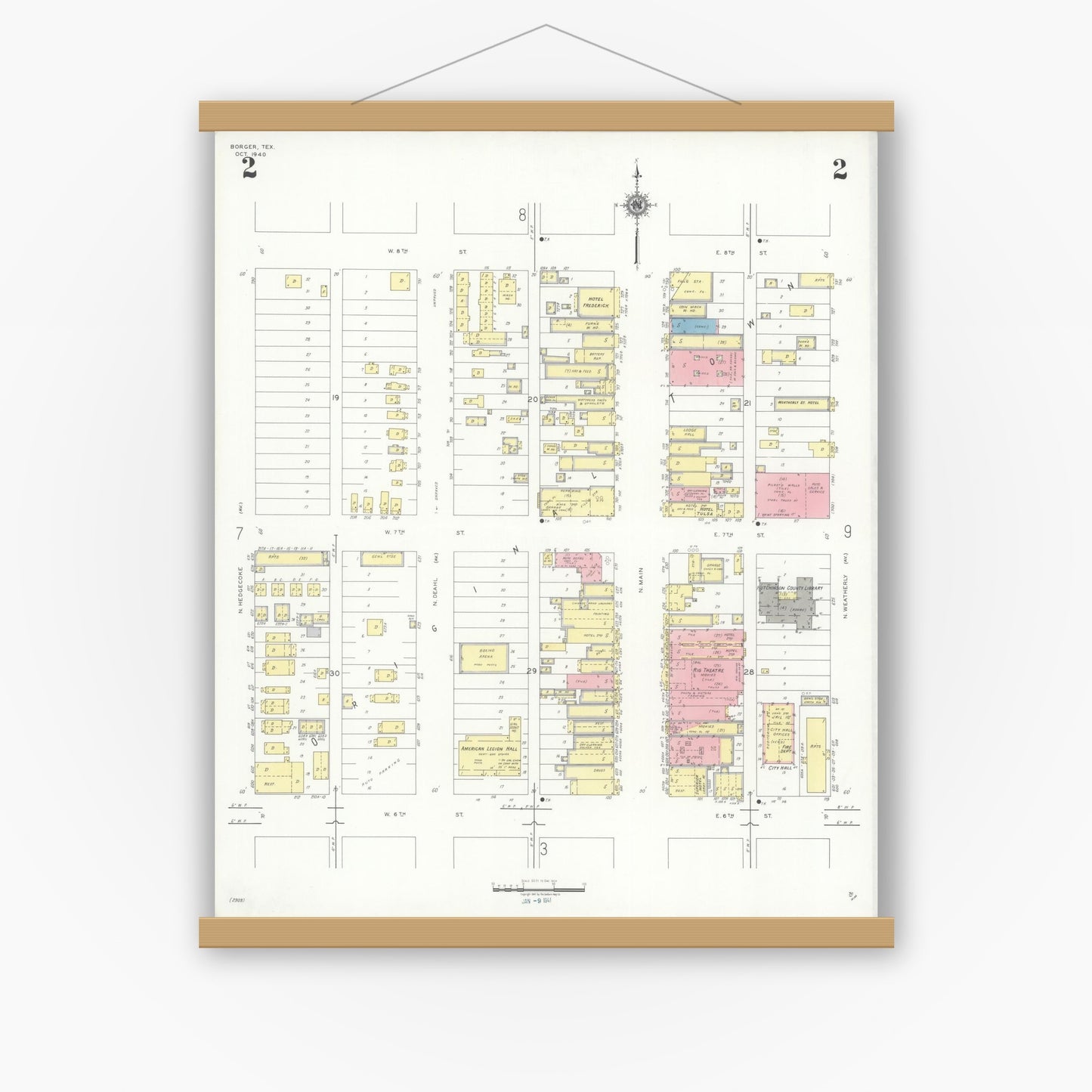 Old map wall art mockup — magnetic wood frame on white wall — Sanborn Fire Insurance Map from Borger, Hutchinson County, Texas (1940), Sheet #0002