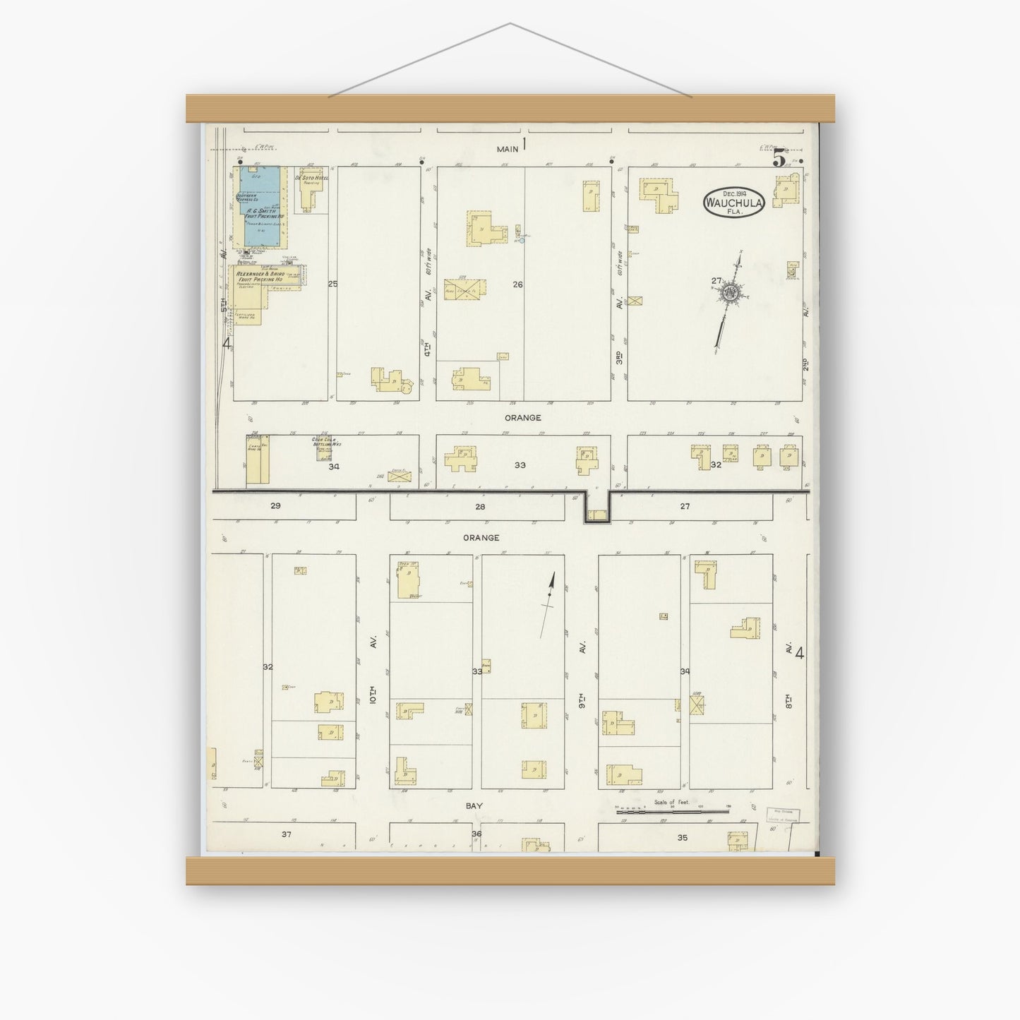 Old map wall art mockup — magnetic wood frame on white wall — Sanborn Fire Insurance Map from Wauchula, Hardee County, Florida (1914), Sheet #0005