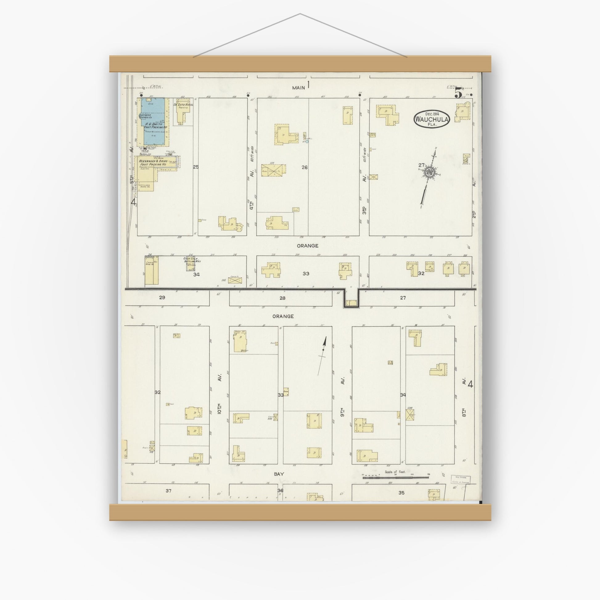 Old map wall art mockup — magnetic wood frame on white wall — Sanborn Fire Insurance Map from Wauchula, Hardee County, Florida (1914), Sheet #0005