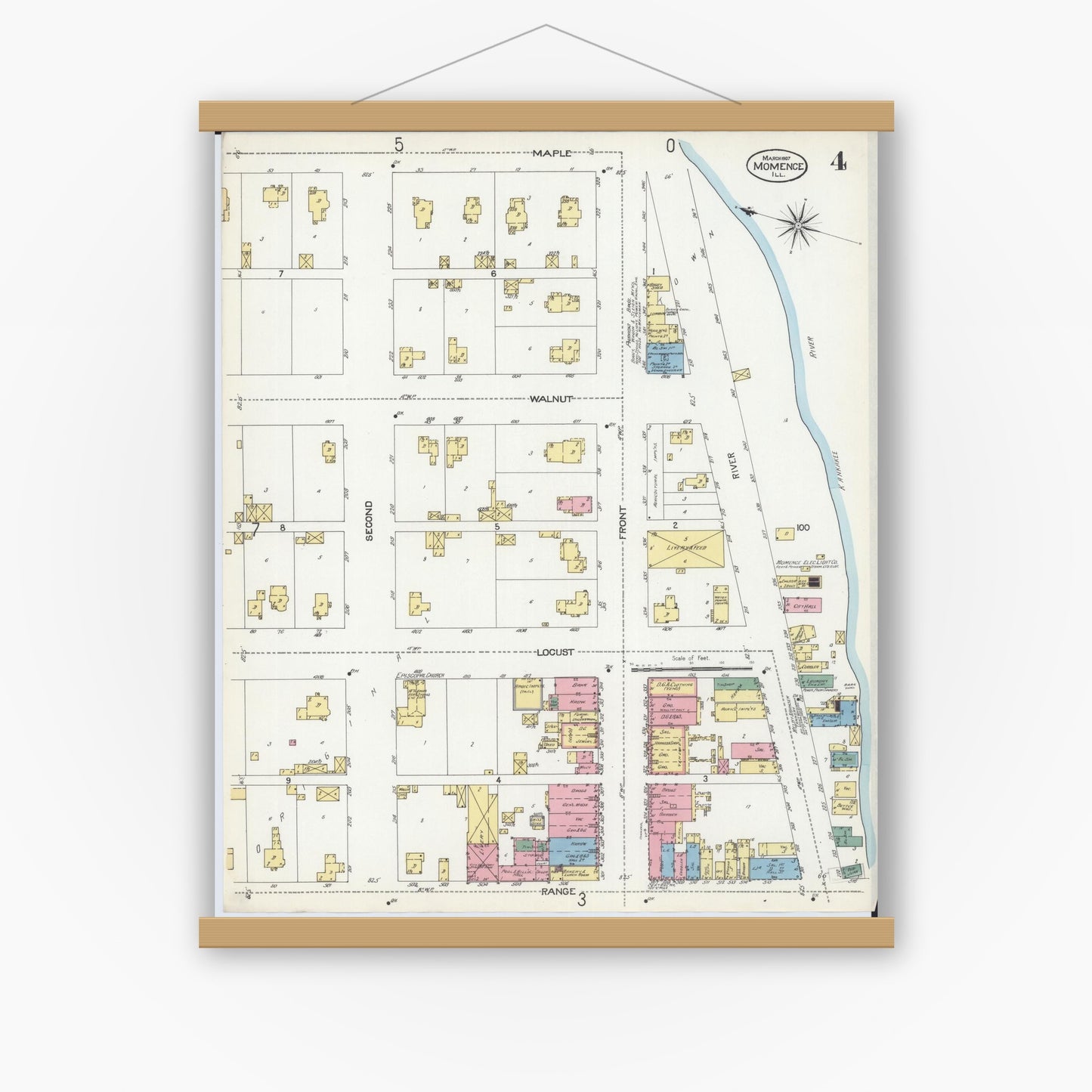 Old map wall art mockup — magnetic wood frame on white wall — Sanborn Fire Insurance Map from Momence, Kankakee County, Illinois (1907), Sheet #0004