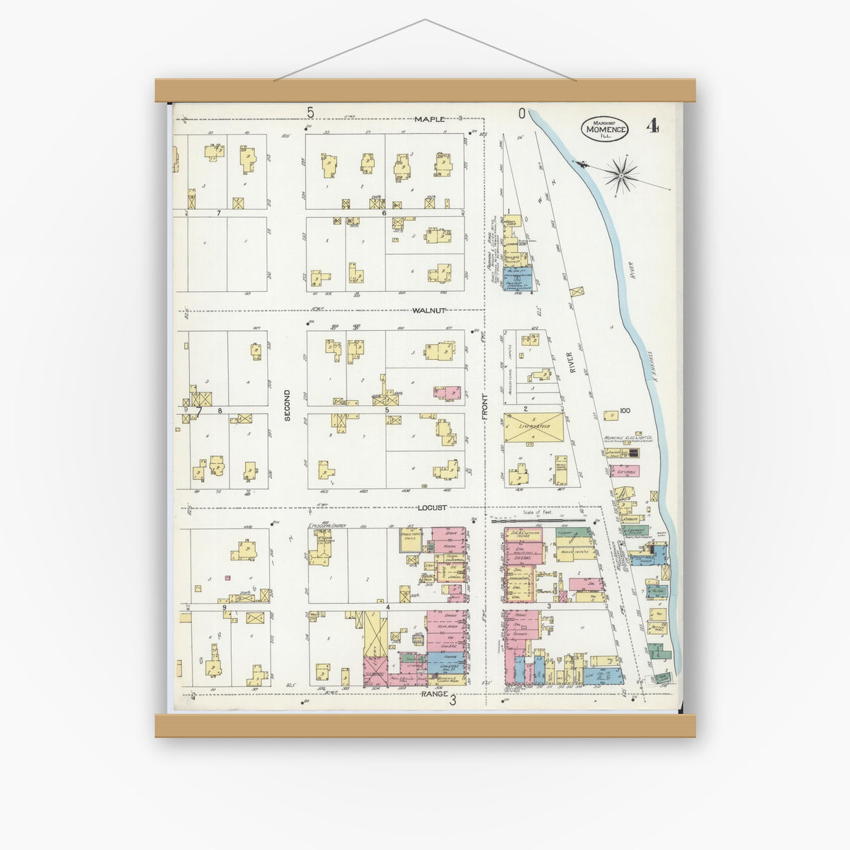 Old map wall art mockup — magnetic wood frame on white wall — Sanborn Fire Insurance Map from Momence, Kankakee County, Illinois (1907), Sheet #0004