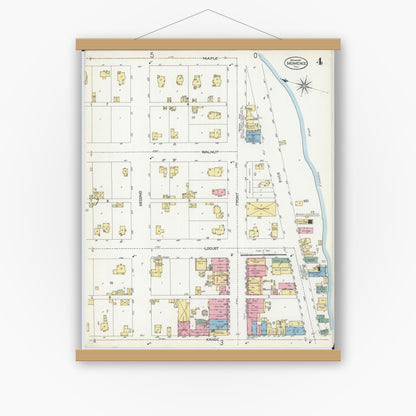 Old map wall art mockup — magnetic wood frame on white wall — Sanborn Fire Insurance Map from Momence, Kankakee County, Illinois (1907), Sheet #0004