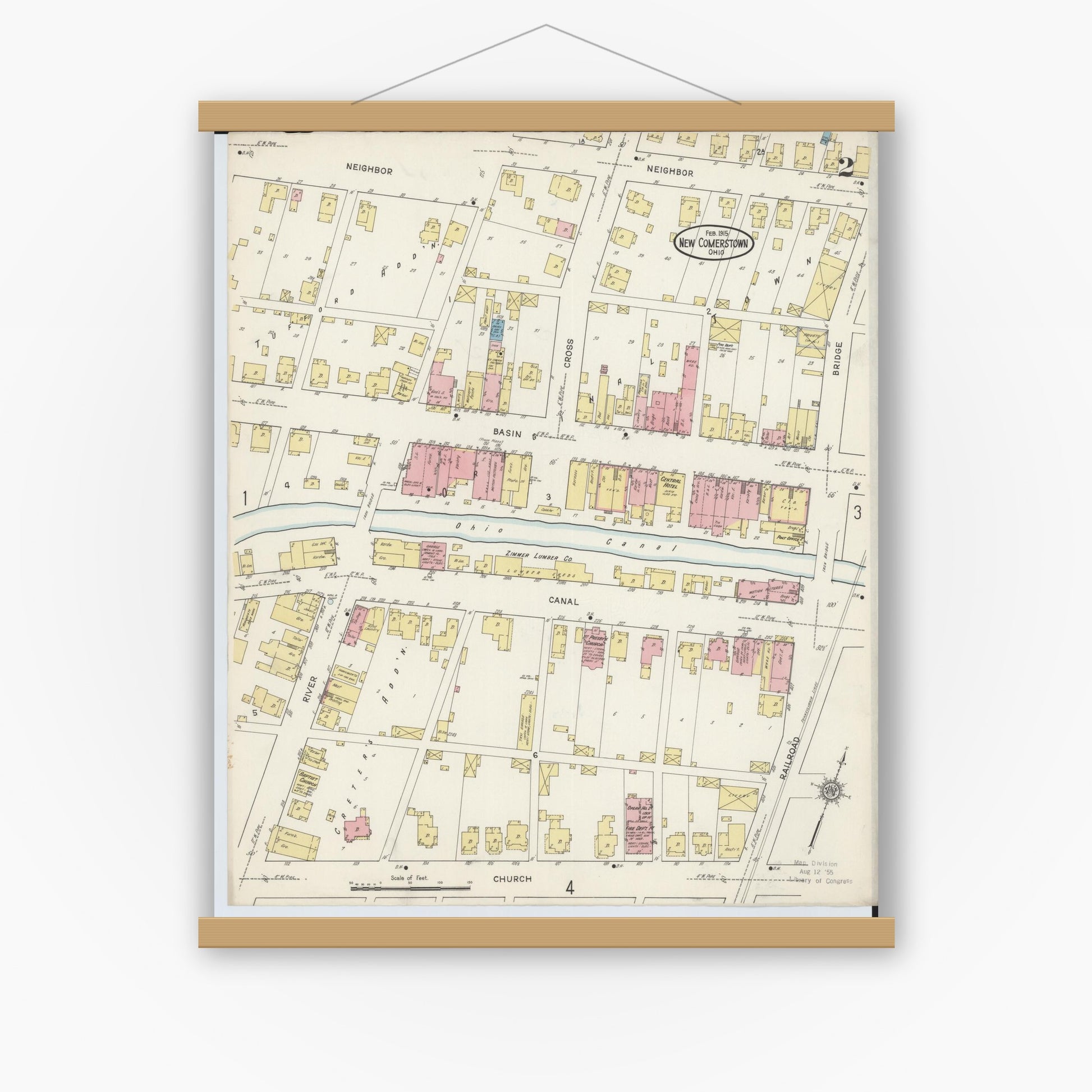 Old map wall art mockup — magnetic wood frame on white wall — Sanborn Fire Insurance Map from Newcomerstown, Tuscarawas County, Ohio (1915), Sheet #0002