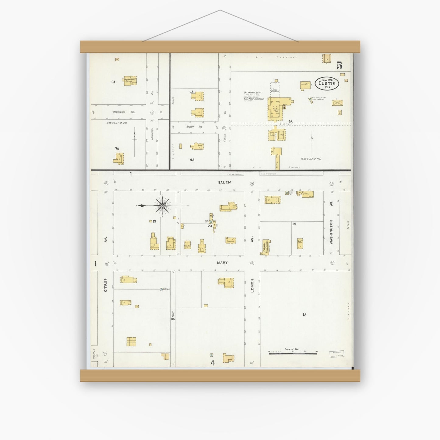 Old map wall art mockup — magnetic wood frame on white wall — Sanborn Fire Insurance Map from Eustis, Lake County, Florida (1906), Sheet #0005