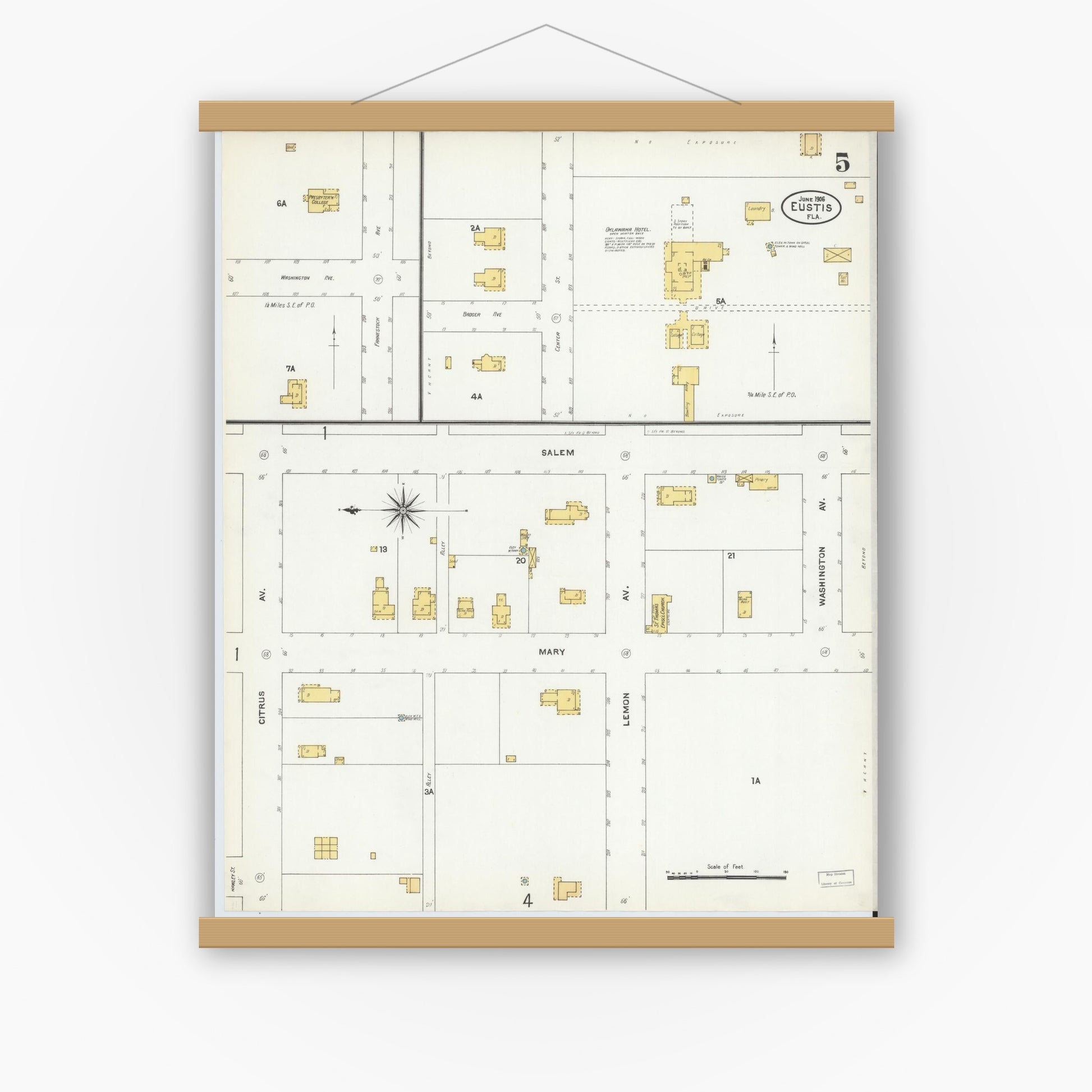 Old map wall art mockup — magnetic wood frame on white wall — Sanborn Fire Insurance Map from Eustis, Lake County, Florida (1906), Sheet #0005