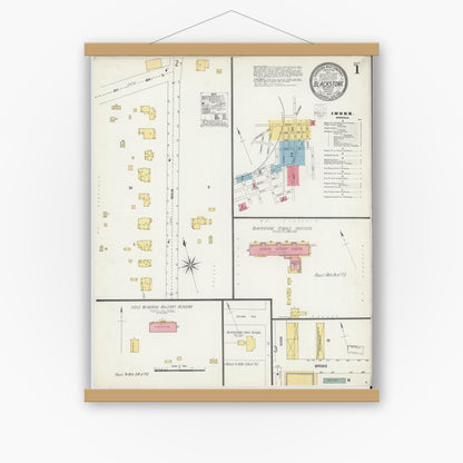 Old map wall art mockup — magnetic wood frame on white wall — Sanborn Fire Insurance Map from Blackstone, Nottoway County, Virginia (1903) - Complete Map Set