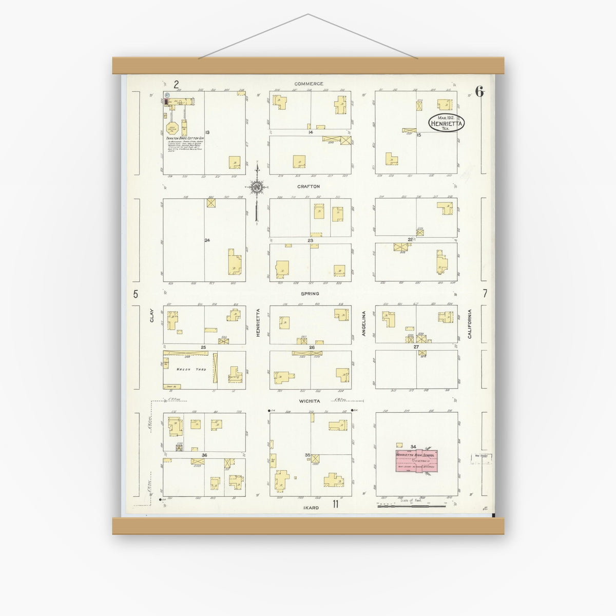 Old map wall art mockup — magnetic wood frame on white wall — Sanborn Fire Insurance Map from Henrietta, Clay County, Texas (1912), Sheet #0006