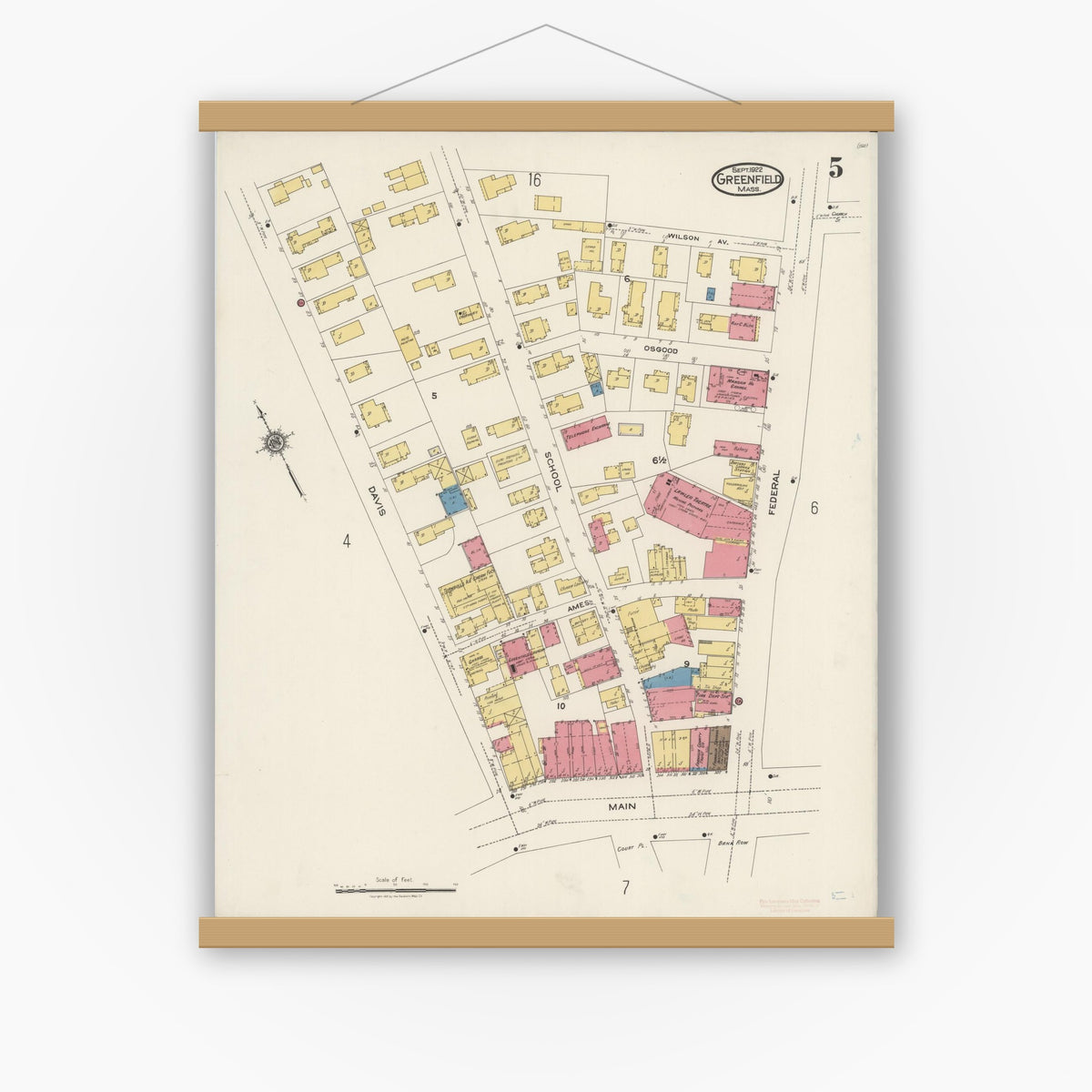 Old map wall art mockup — magnetic wood frame on white wall — Sanborn Fire Insurance Map from Greenfield, Franklin County, Massachusetts (1922), Sheet #0005