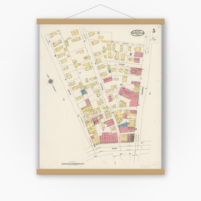 Old map wall art mockup — magnetic wood frame on white wall — Sanborn Fire Insurance Map from Greenfield, Franklin County, Massachusetts (1922), Sheet #0005