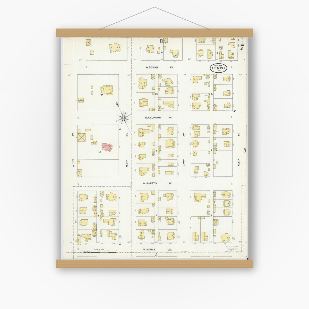 Old map wall art mockup — magnetic wood frame on white wall — Sanborn Fire Insurance Map from Temple, Bell County, Texas (1905), Sheet #0007