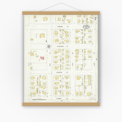Old map wall art mockup — magnetic wood frame on white wall — Sanborn Fire Insurance Map from Temple, Bell County, Texas (1905), Sheet #0007