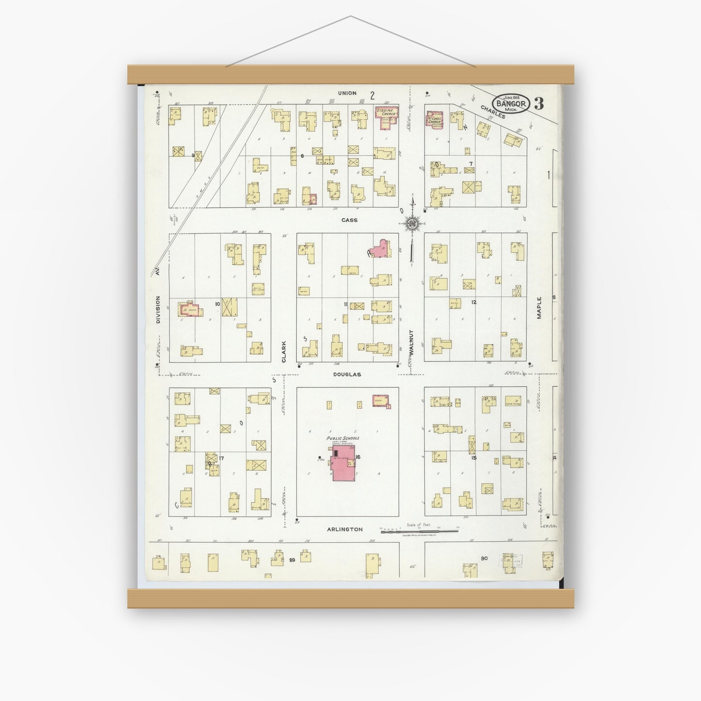 Old map wall art mockup — magnetic wood frame on white wall — Sanborn Fire Insurance Map from Bangor, Van Buren County, Michigan (1918), Sheet #0003