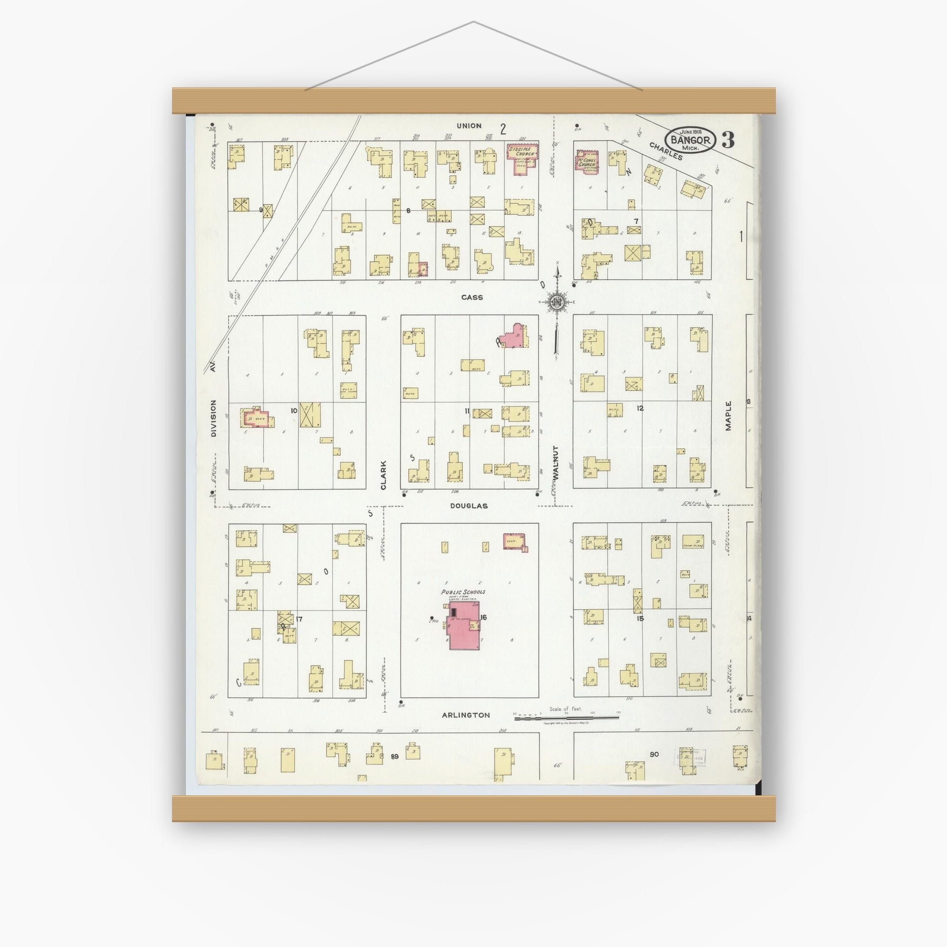 Old map wall art mockup — magnetic wood frame on white wall — Sanborn Fire Insurance Map from Bangor, Van Buren County, Michigan (1918), Sheet #0003