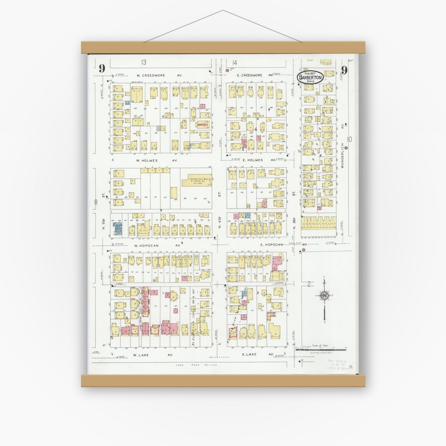 Old map wall art mockup — magnetic wood frame on white wall — Sanborn Fire Insurance Map from Barberton, Summit County, Ohio (1927), Sheet #0009