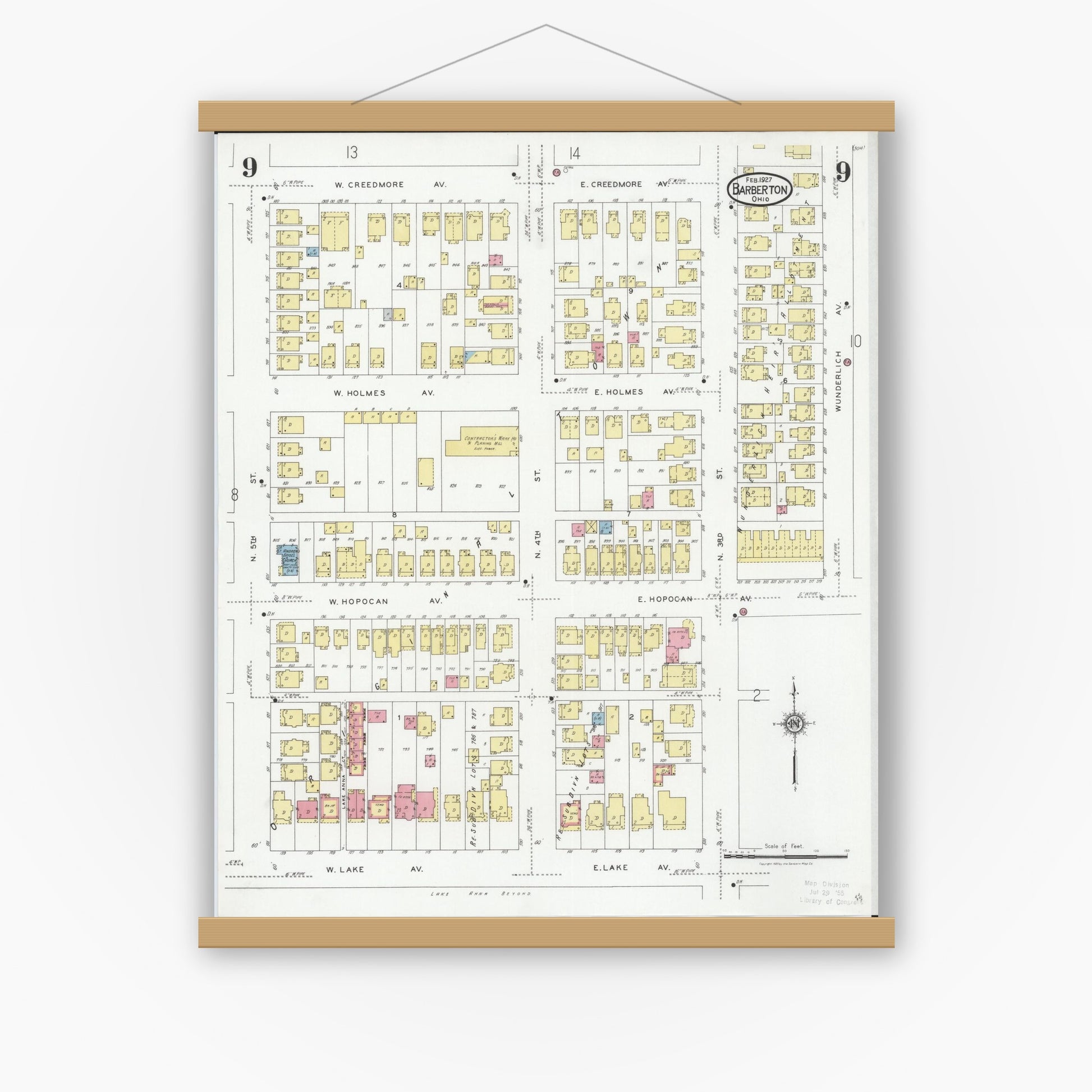 Old map wall art mockup — magnetic wood frame on white wall — Sanborn Fire Insurance Map from Barberton, Summit County, Ohio (1927), Sheet #0009