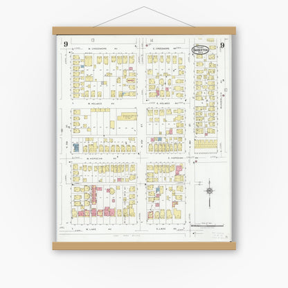 Old map wall art mockup — magnetic wood frame on white wall — Sanborn Fire Insurance Map from Barberton, Summit County, Ohio (1927), Sheet #0009