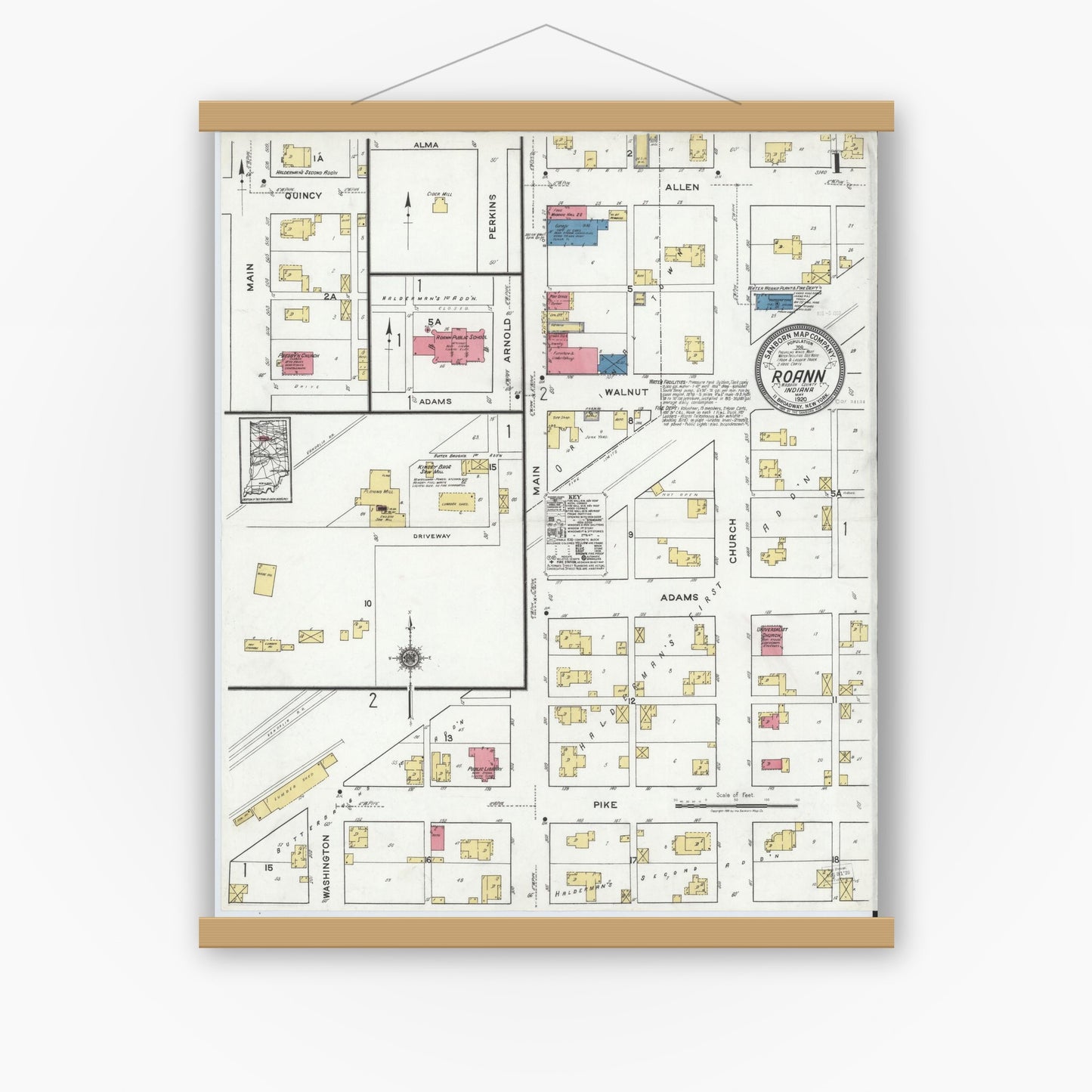 Old map wall art mockup — magnetic wood frame on white wall — Sanborn Fire Insurance Map from Roann, Wabash County, Indiana (1920) - Complete Map Set