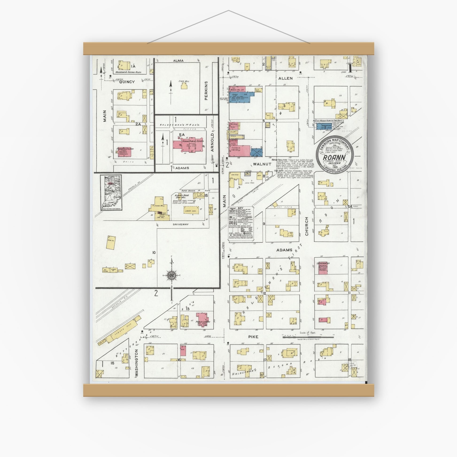 Old map wall art mockup — magnetic wood frame on white wall — Sanborn Fire Insurance Map from Roann, Wabash County, Indiana (1920) - Complete Map Set