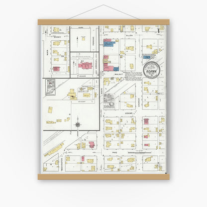 Old map wall art mockup — magnetic wood frame on white wall — Sanborn Fire Insurance Map from Roann, Wabash County, Indiana (1920) - Complete Map Set