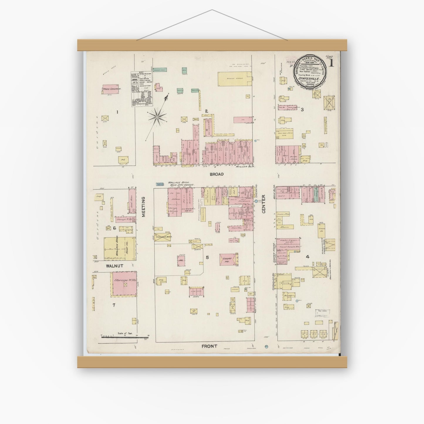 Old map wall art mockup — magnetic wood frame on white wall — Sanborn Fire Insurance Map from Statesville, Iredell County, North Carolina (1890) - Complete Map Set