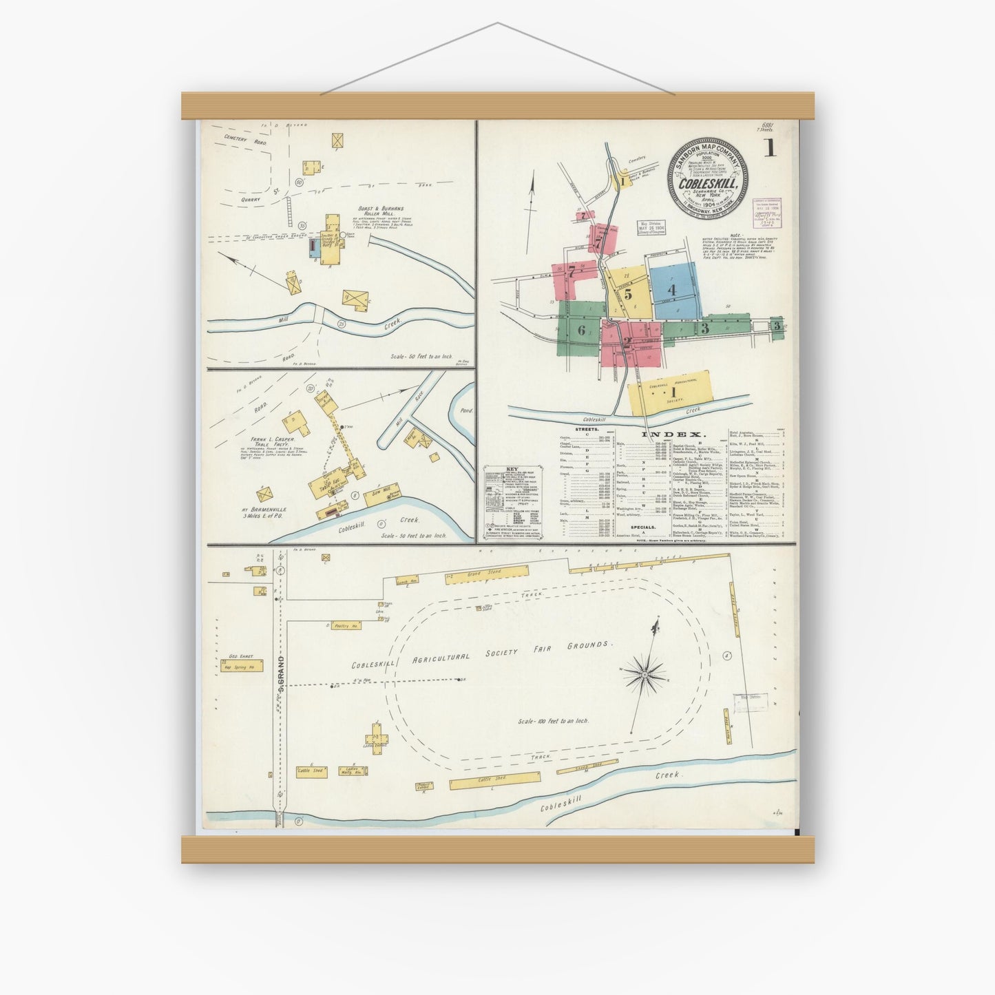 Old map wall art mockup — magnetic wood frame on white wall — Sanborn Fire Insurance Map from Cobleskill, Schoharie County, New York (1904), Sheet #0001