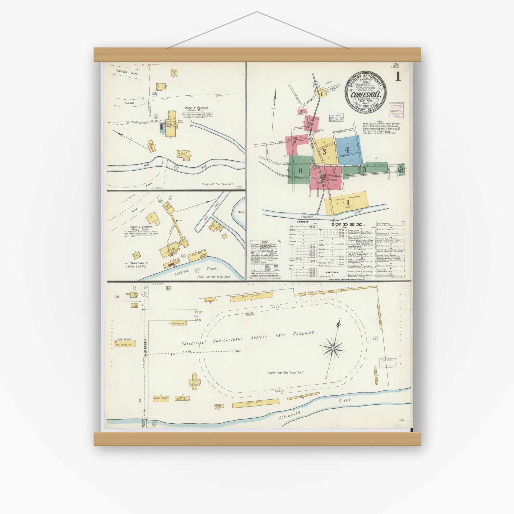 Old map wall art mockup — magnetic wood frame on white wall — Sanborn Fire Insurance Map from Cobleskill, Schoharie County, New York (1904), Sheet #0001