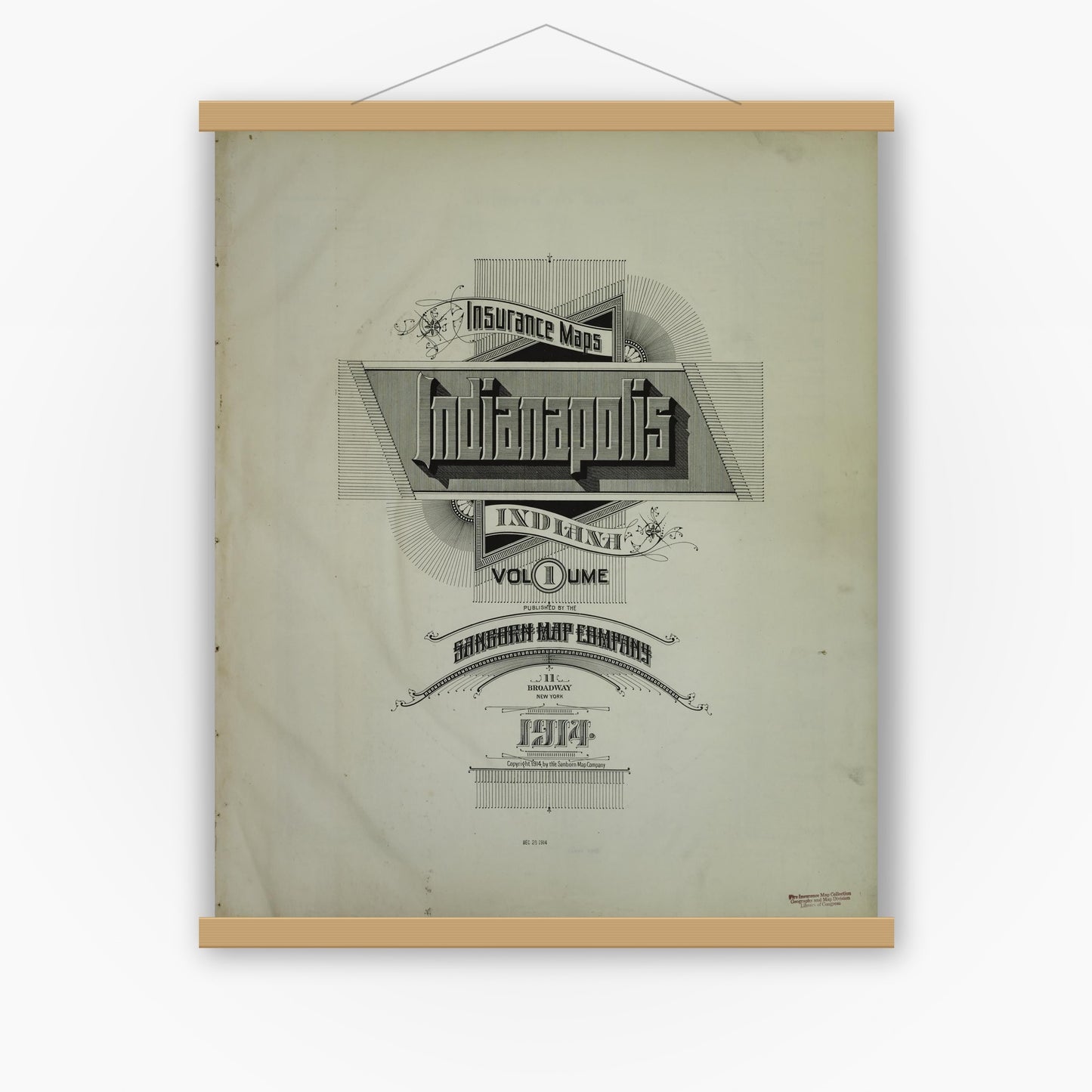 Old map wall art mockup — magnetic wood frame on white wall — Sanborn Fire Insurance Map from Indianapolis, Marion County, Indiana (1914), Sheet #0001