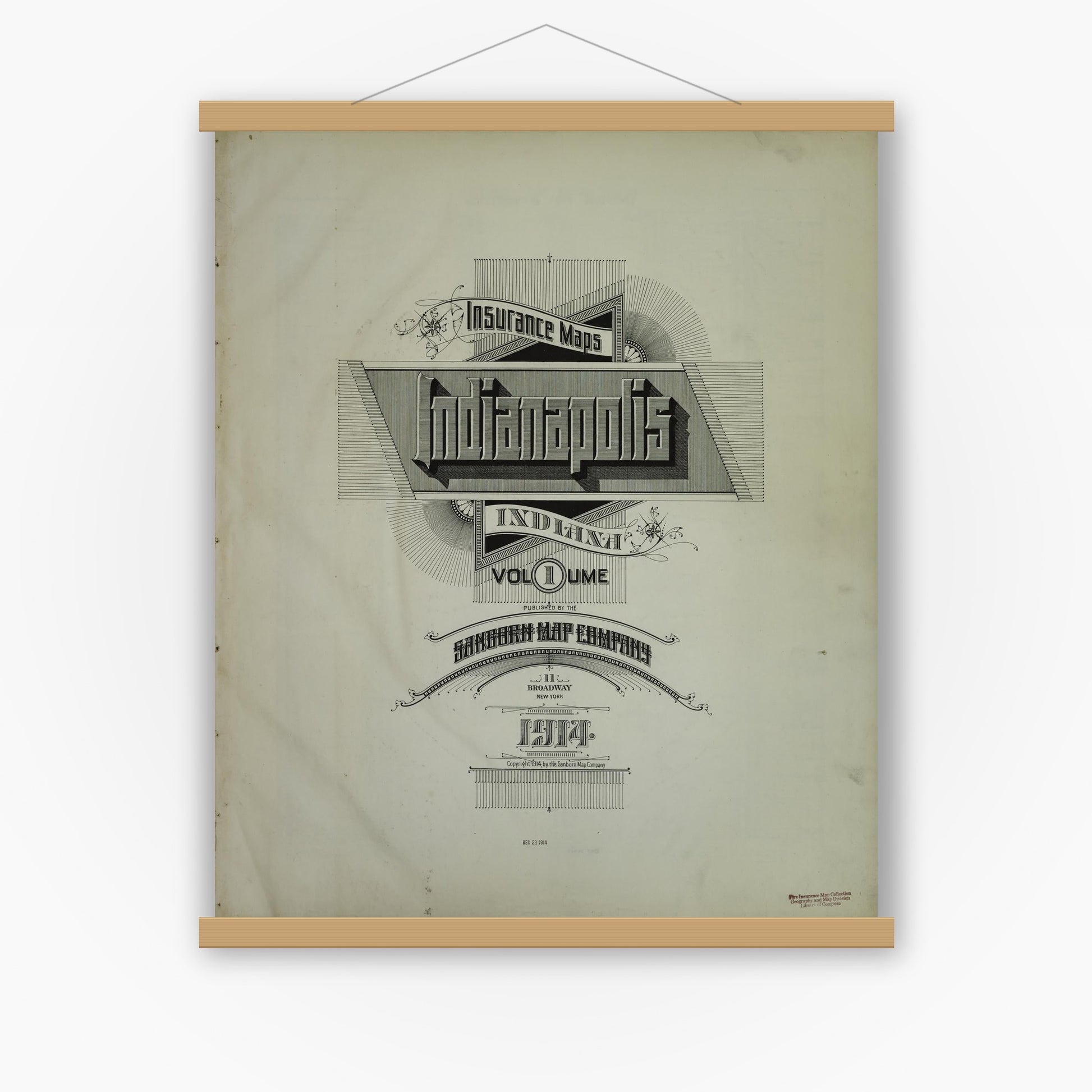 Old map wall art mockup — magnetic wood frame on white wall — Sanborn Fire Insurance Map from Indianapolis, Marion County, Indiana (1914), Sheet #0001
