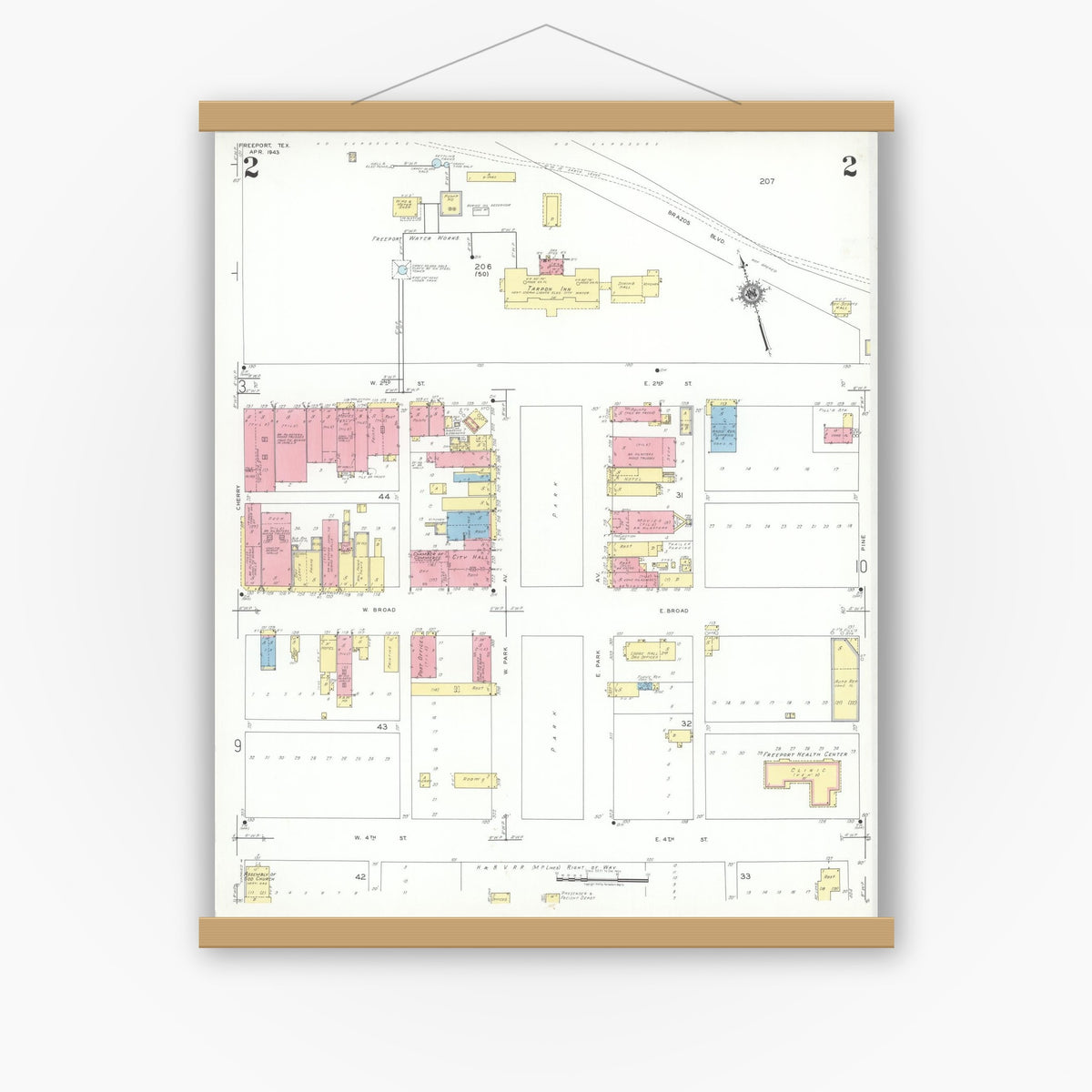 Old map wall art mockup — magnetic wood frame on white wall — Sanborn Fire Insurance Map from Freeport, Brazoria County, Texas (1943), Sheet #0002